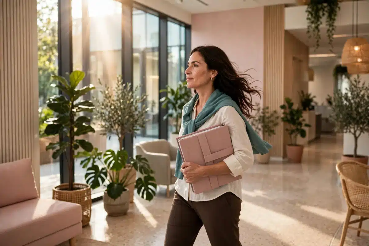 Photo of a woman carrying an organized binder under her arm as she walks into a bright, sunlit medical building lobby