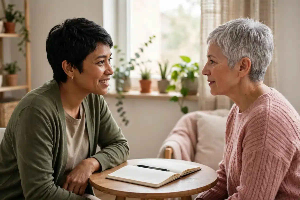Photo of a patient navigator talking supportively with an older woman at a small table, an open notebook between them