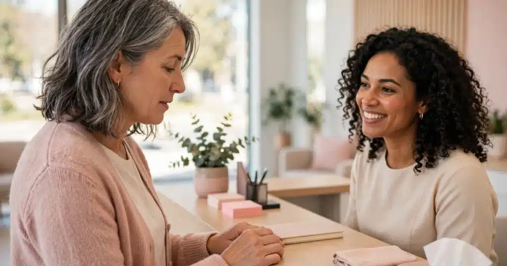 Photo of a woman with gray-streaked hair in a soft pink cardigan checking in at a bright clinic welcome desk, greeted by a smiling staff member