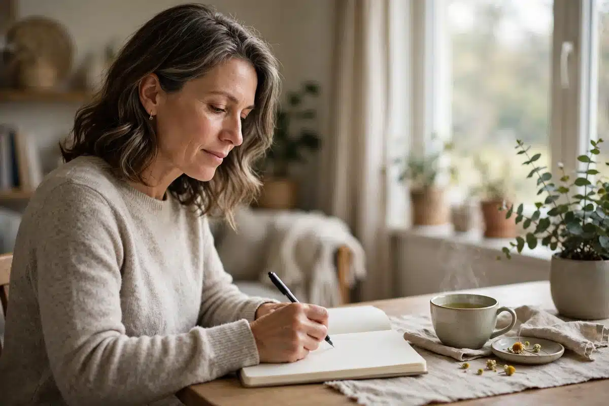Photo of a woman in her 50s sitting at home by a bright window, writing questions in a plain notebook in calm natural light