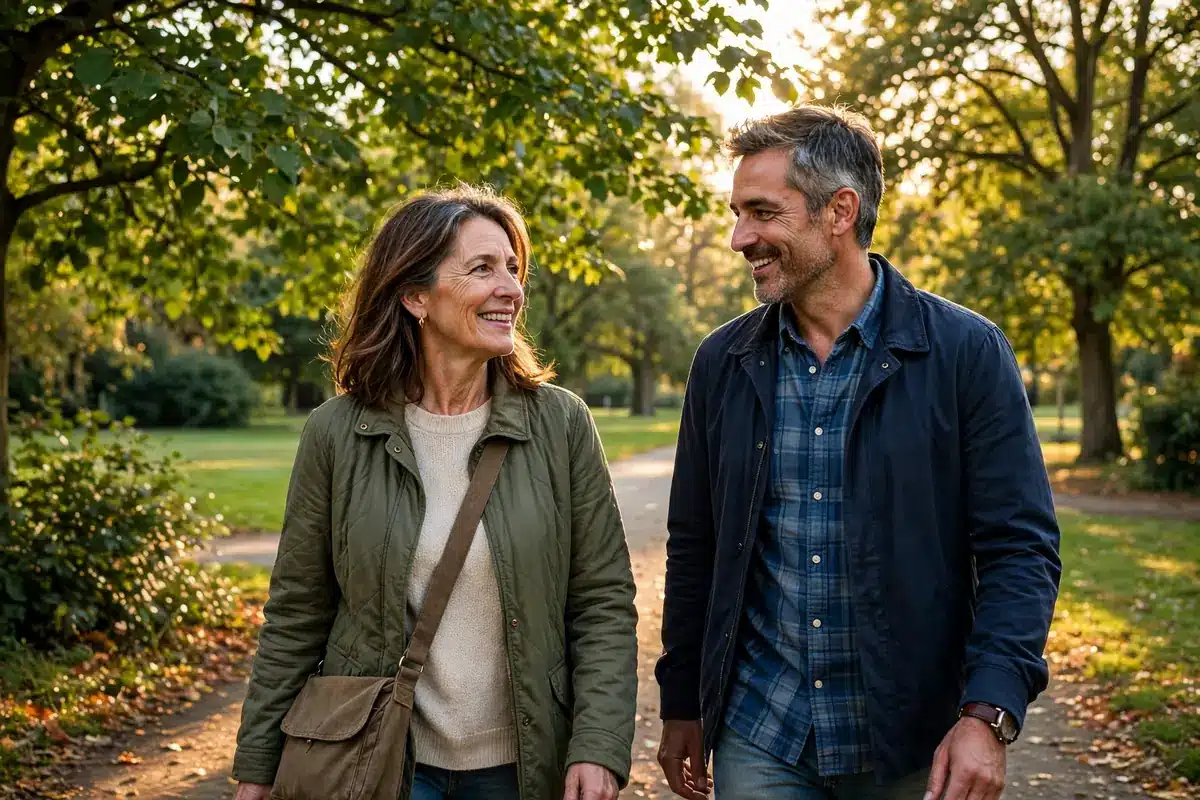 Photo of a woman in her 50s walking in a park with her partner in warm afternoon light, relaxed and talking together