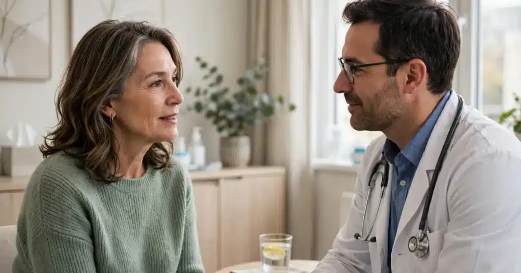 Photo of a woman in her 50s talking with her doctor in a bright clinic office about a rare breast cancer diagnosis