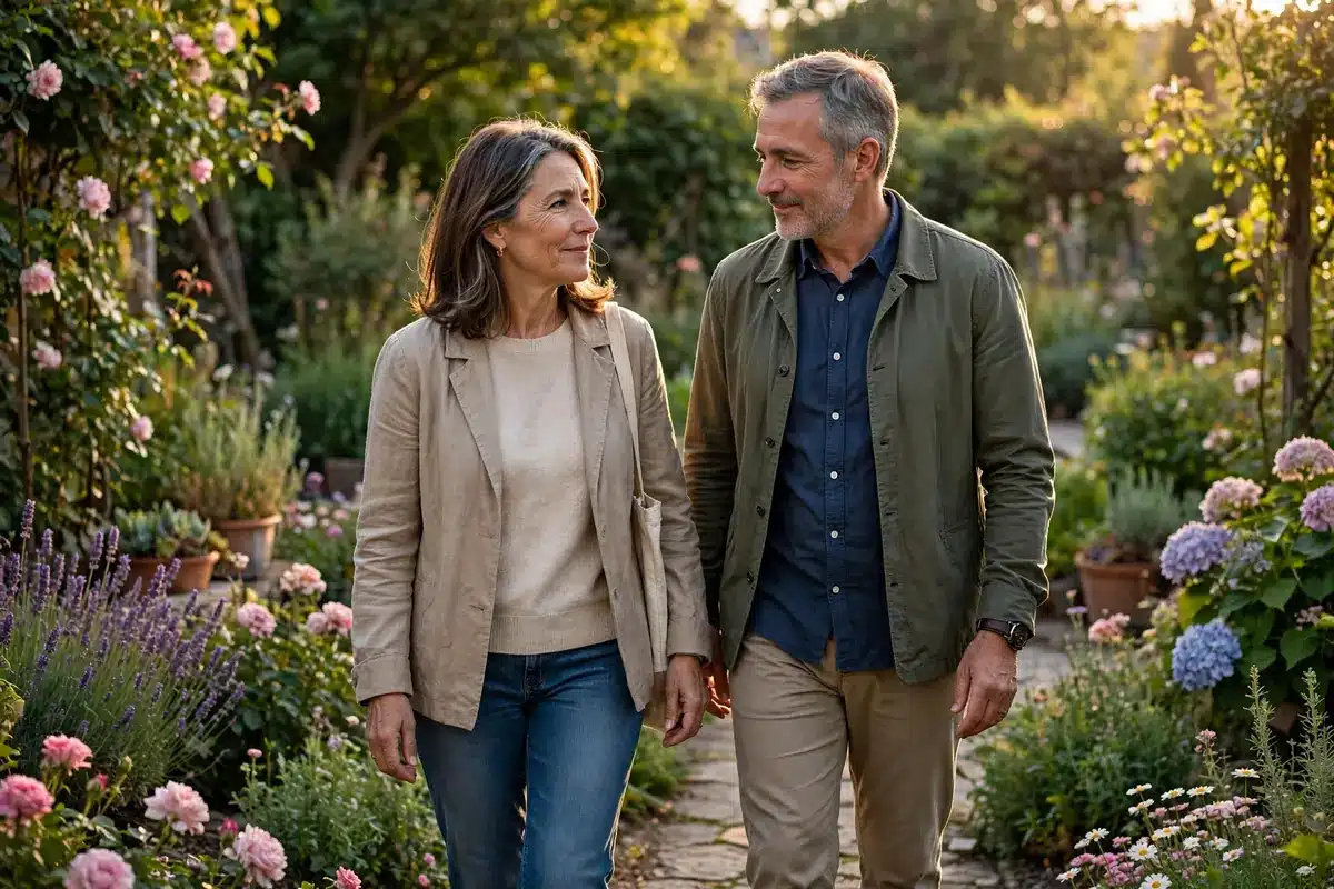 Photo of a woman walking slowly along a garden path with her husband beside her, warm afternoon light