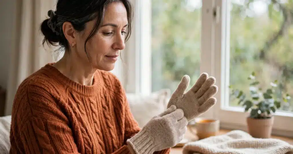 Photo of a woman in her 50s sitting at home by a window putting on warm knitted gloves in soft daylight