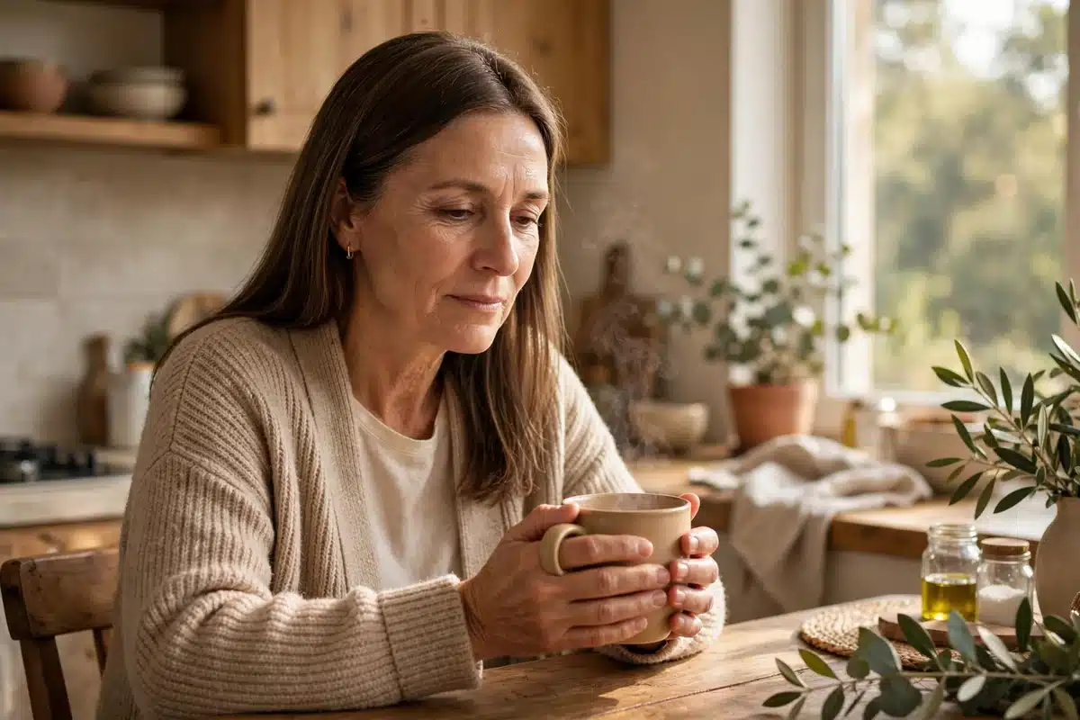 Photo of a woman in her 50s sitting at a kitchen table at home holding a warm mug carefully in both hands