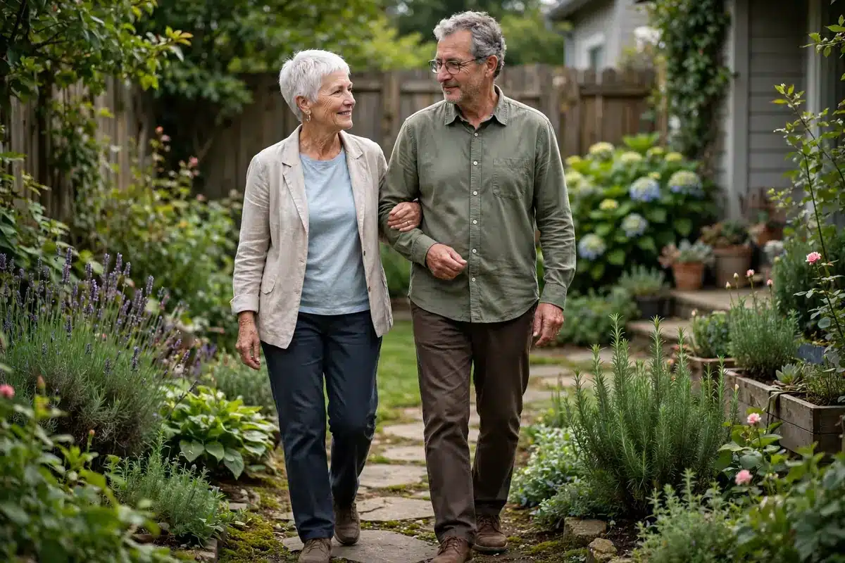 Photo of a woman in her 60s walking along a garden path at home holding her partner's arm for support