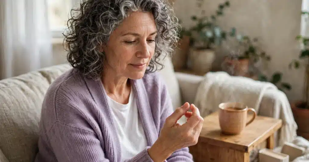 Photo of a woman in her 50s sitting on her sofa at home flexing her fingers gently, a warm mug on the side table beside her