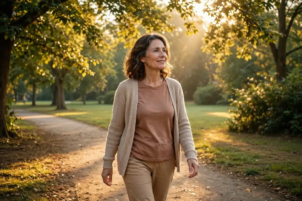 A woman in her fifties walking along a sunlit park path on a clear morning, calm and hopeful