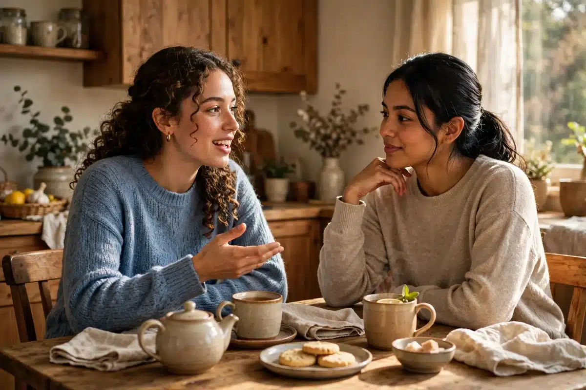 Two women friends sharing tea and talking warmly at a kitchen table in warm afternoon light