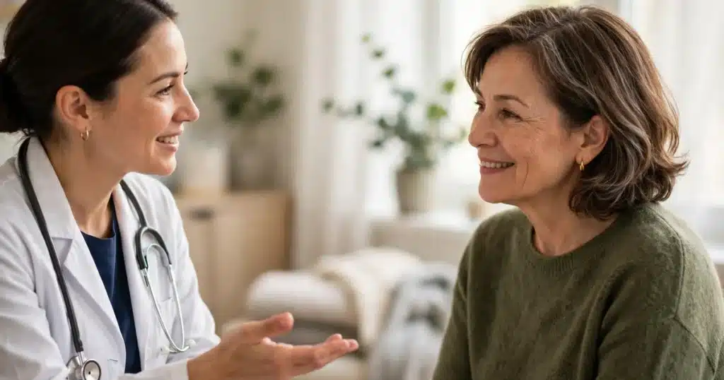 A doctor and a woman in her fifties having a warm conversation about follow-up care in a bright clinic room