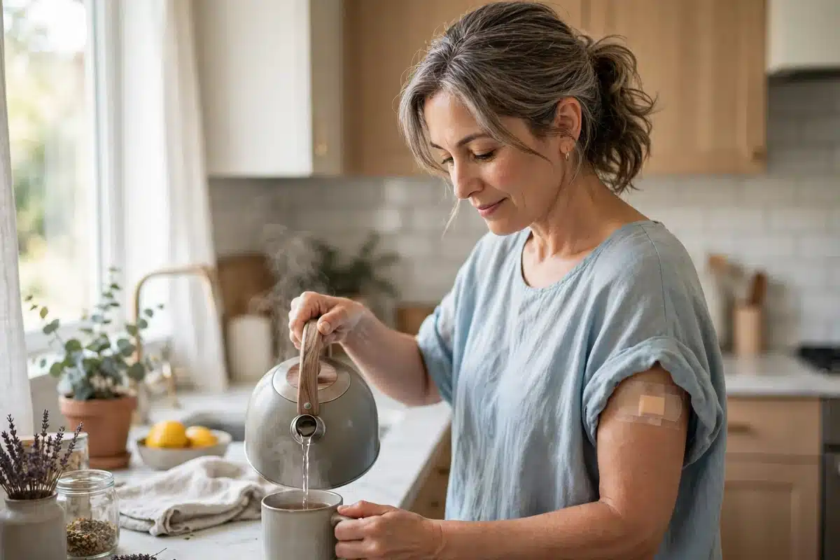 Photo of a woman in her 50s at home in a soft comfortable top making tea in a bright kitchen a few weeks after surgery, peaceful mood