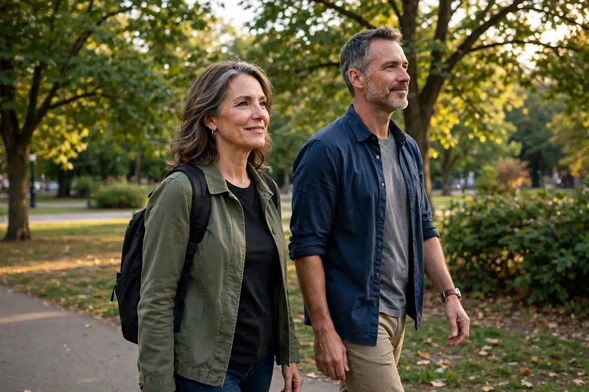 Photo of a woman in her 50s walking outdoors in a park with her partner in warm afternoon light, confident and relaxed