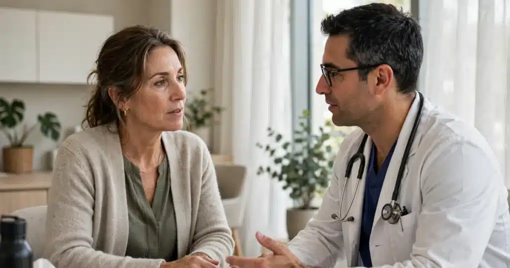 Photo of a woman in her 50s talking with her surgeon in a bright clinic office about her surgery options, calm and unhurried