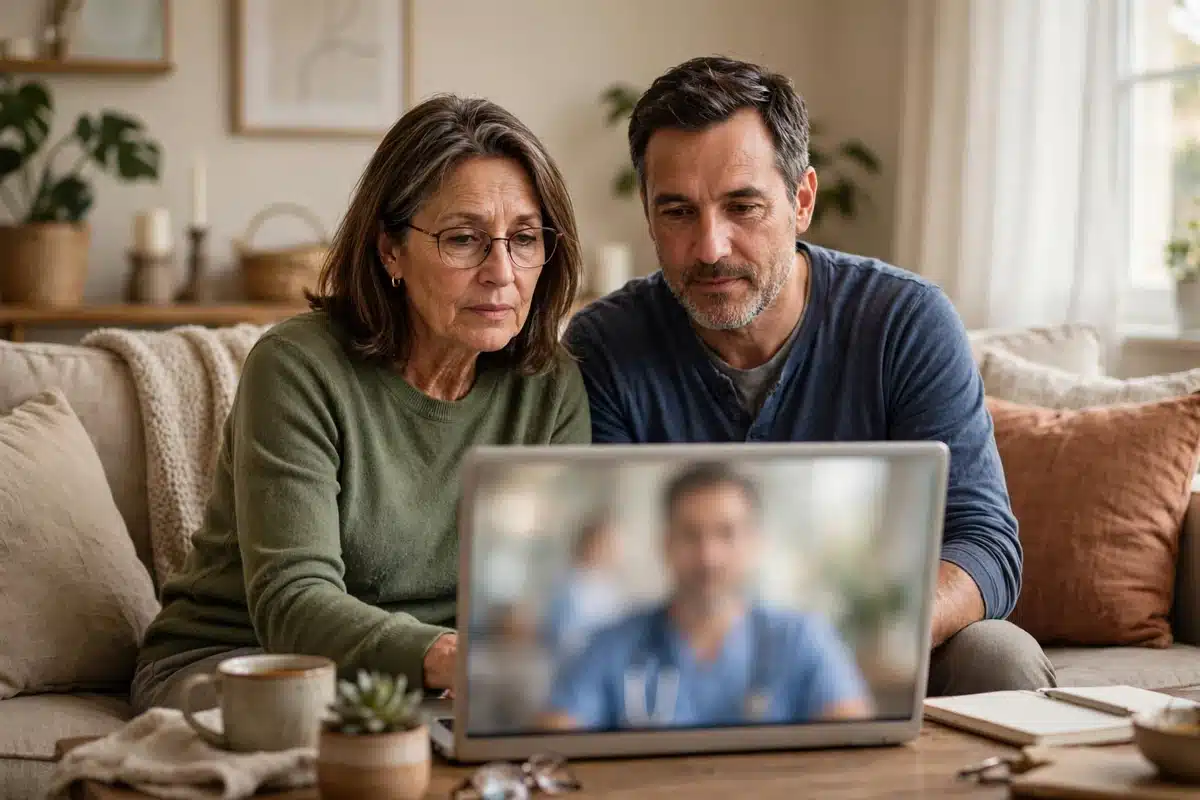 Photo of a woman having a video call with a doctor on a laptop at home, her partner sitting beside her