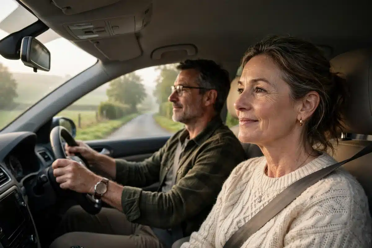 Photo of a woman and her partner driving along a rural road in soft morning light on their way to a distant appointment