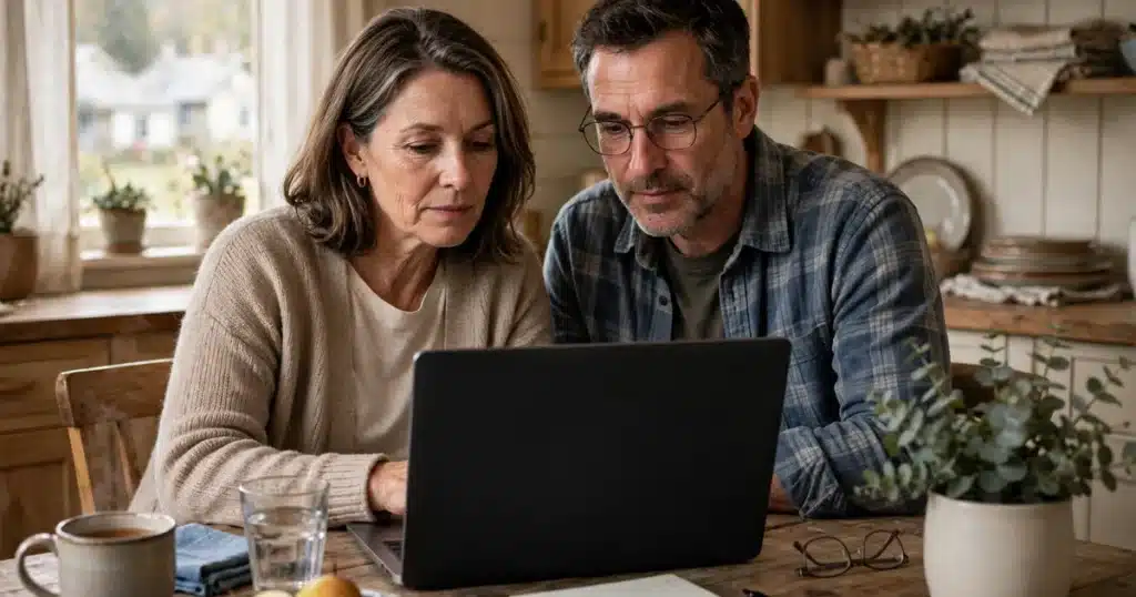 Photo of a woman and her partner at their kitchen table at home, looking at a laptop together as they plan her care from a distance
