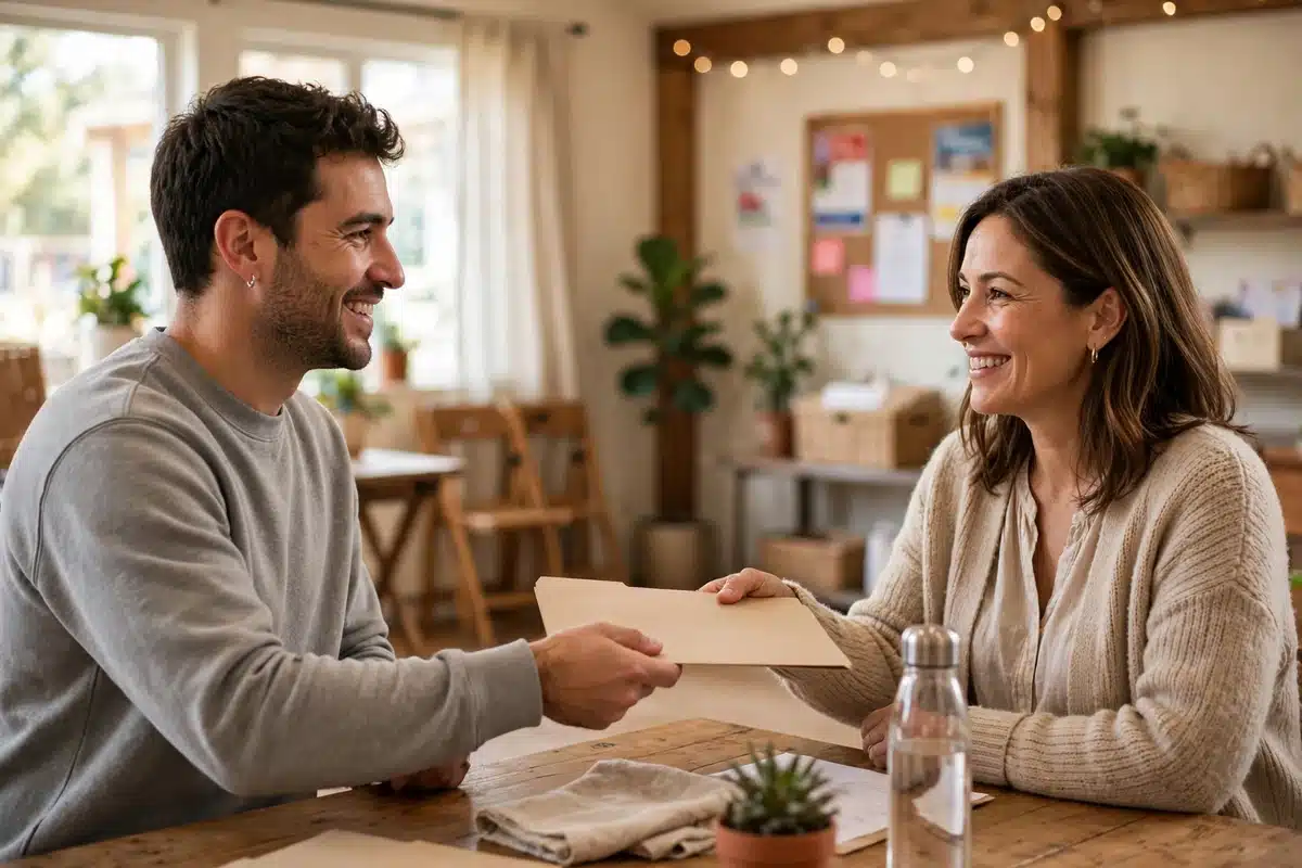 Photo of a volunteer handing a folder to a woman at a community center table