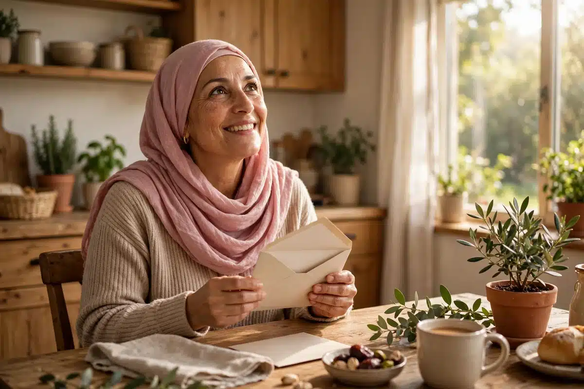 Photo of a woman opening mail at her kitchen table with a hopeful expression