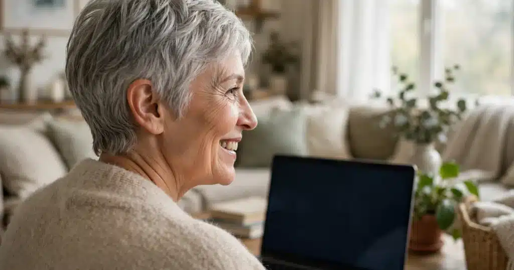 Photo of a smiling woman on a video call at home, seen from behind with the laptop back to the camera