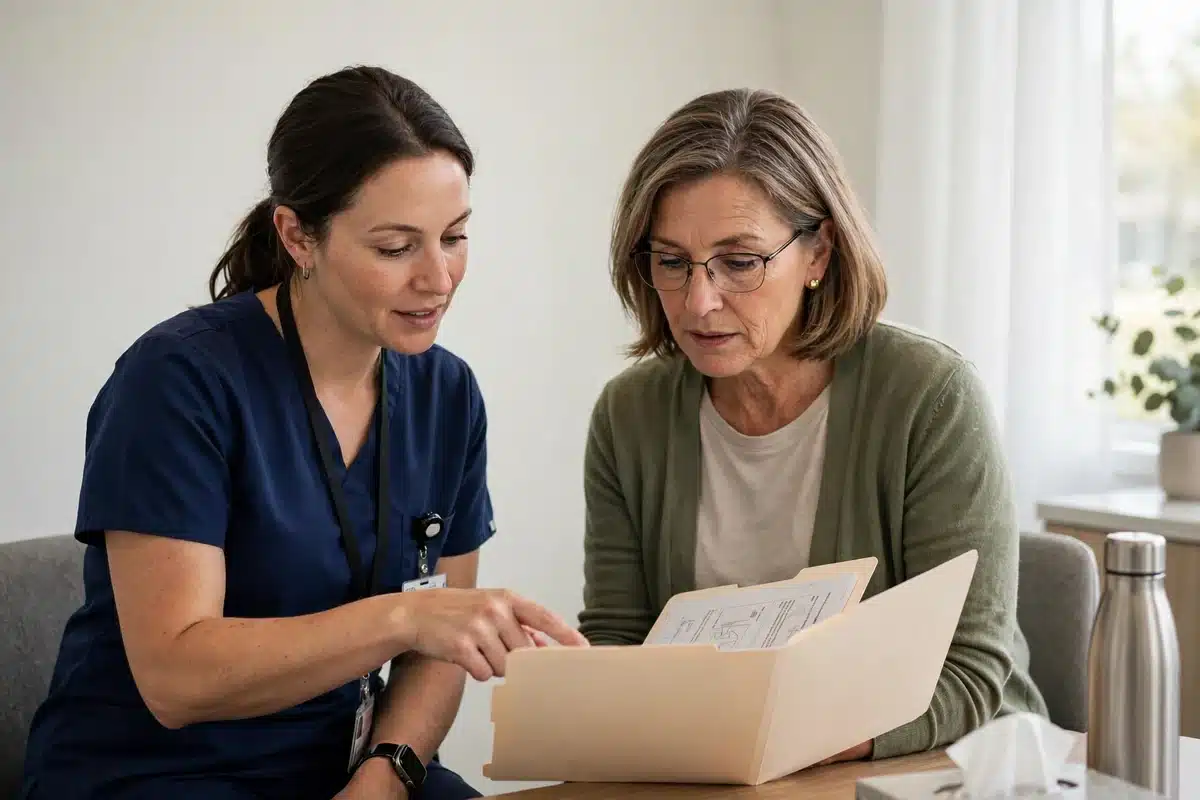 Photo of a nurse navigator in scrubs sitting with a woman patient in her 50s in a bright clinic room, explaining a plain folder of information together