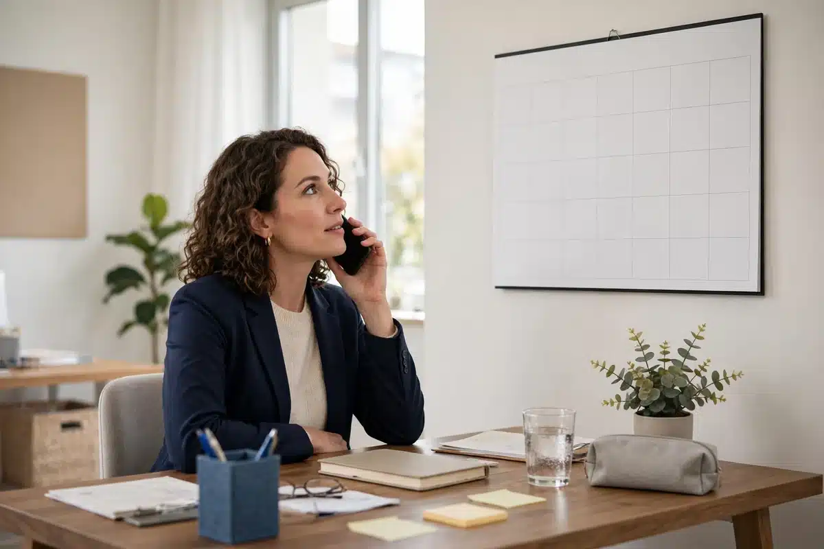 Photo of a patient navigator sitting at a desk in a bright office speaking on the phone while looking at a plain blank calendar, helping a patient arrange appointments