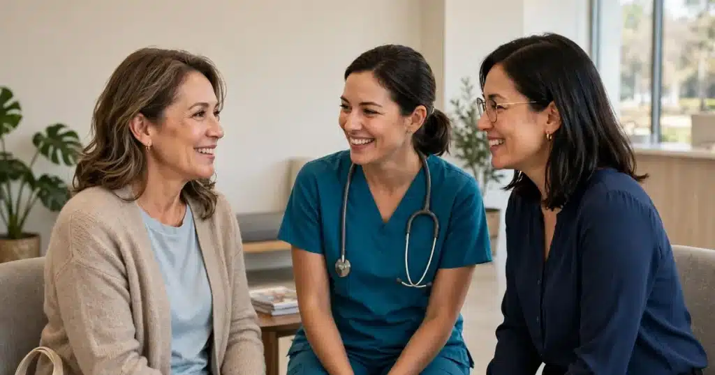 Photo of a woman patient in her 50s talking with two navigators, one in nursing scrubs and one in a smart blouse, in a bright clinic reception area, all smiling warmly