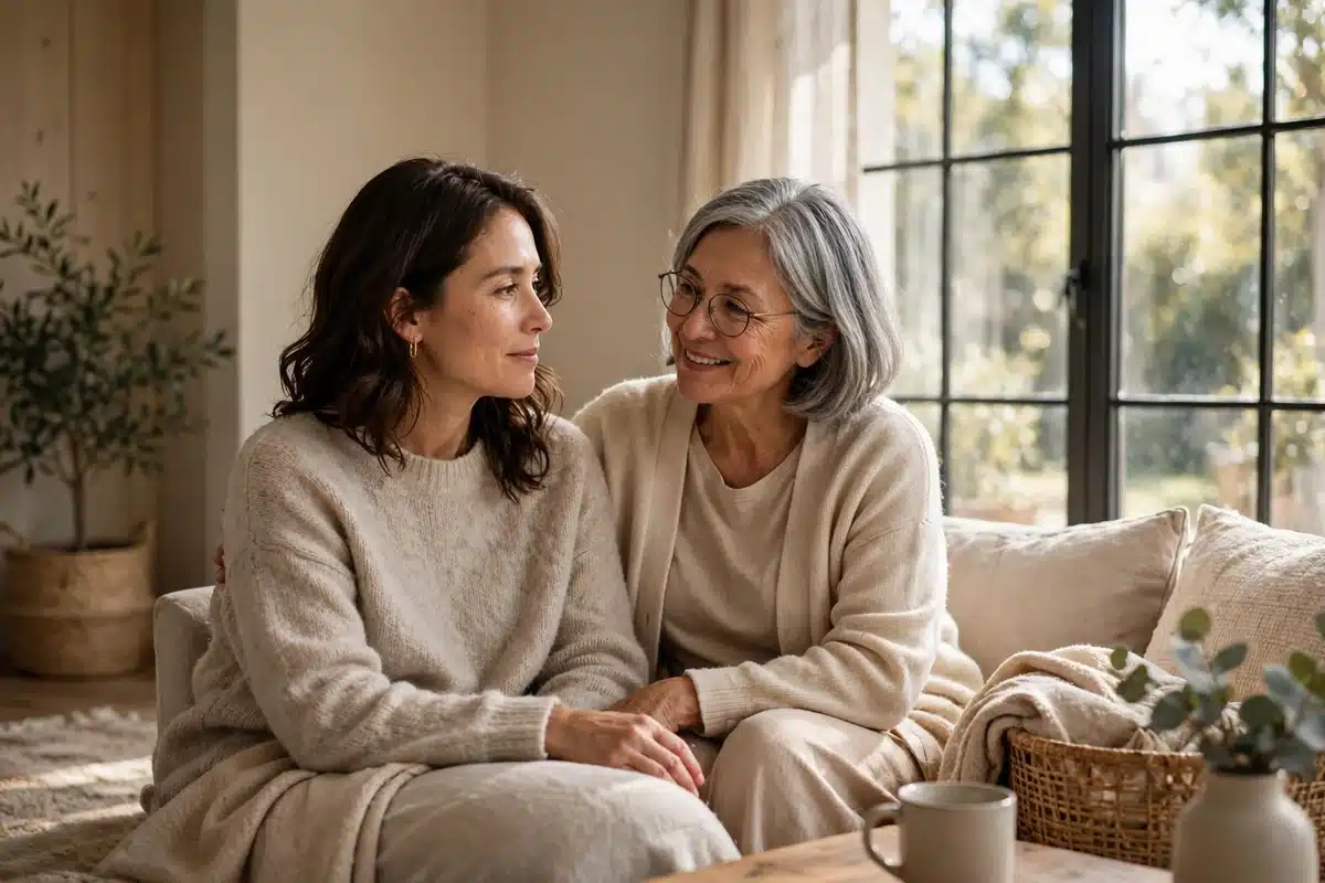 Woman talking calmly with a supportive family member at home near a sunlit window