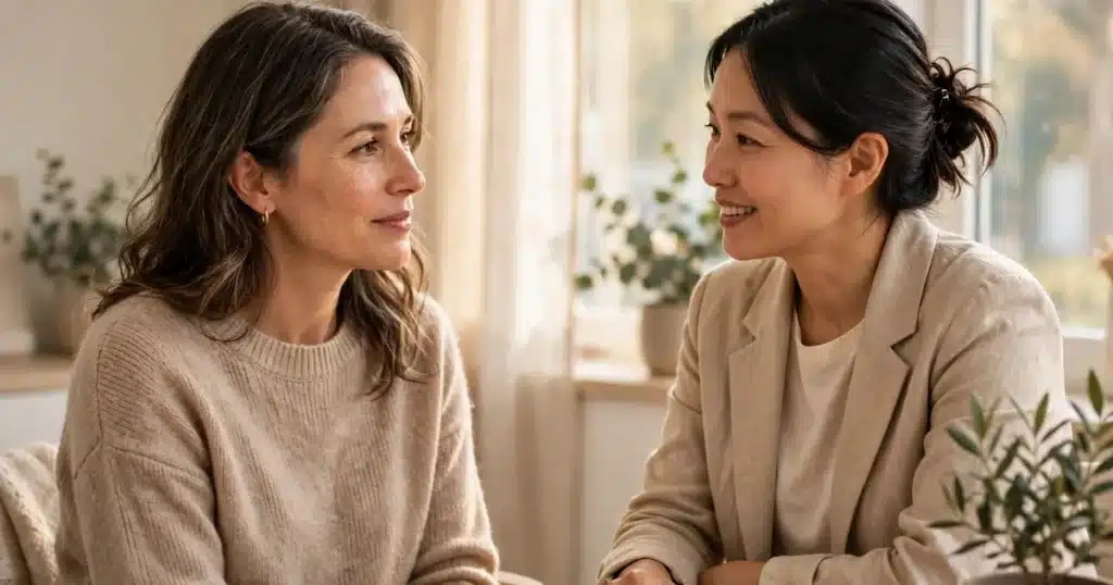 Woman patient in a calm conversation with her doctor in a bright, light-filled clinic room