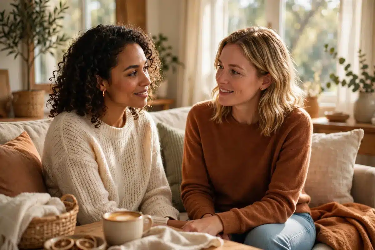 Two women friends talking supportively together in a cozy sunlit living room over cups of tea