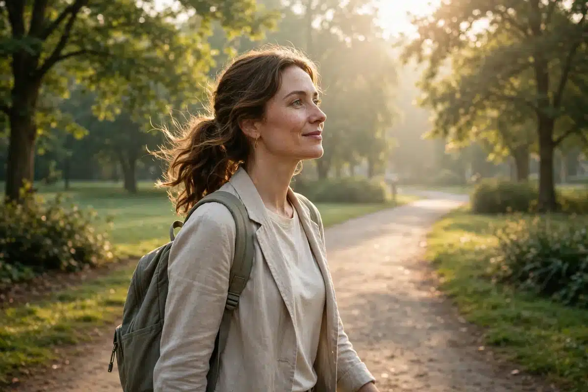A woman walking peacefully along a sunlit park path in soft morning light