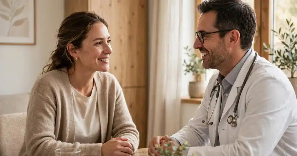 A woman patient in a warm, hopeful conversation with her oncology doctor in a bright clinic consultation room with natural window light