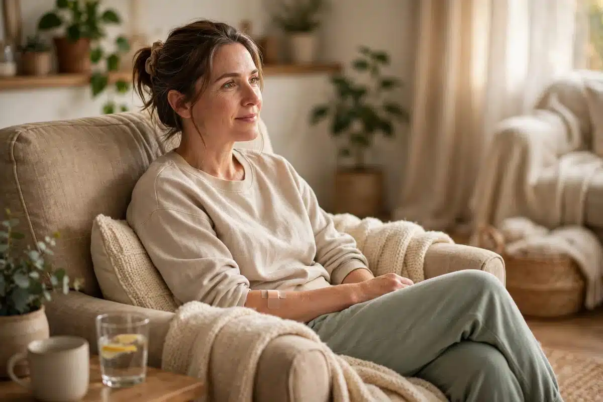 Photo of a woman in her 40s at home resting in a comfortable chair with a cushion, recovering after surgery in soft light
