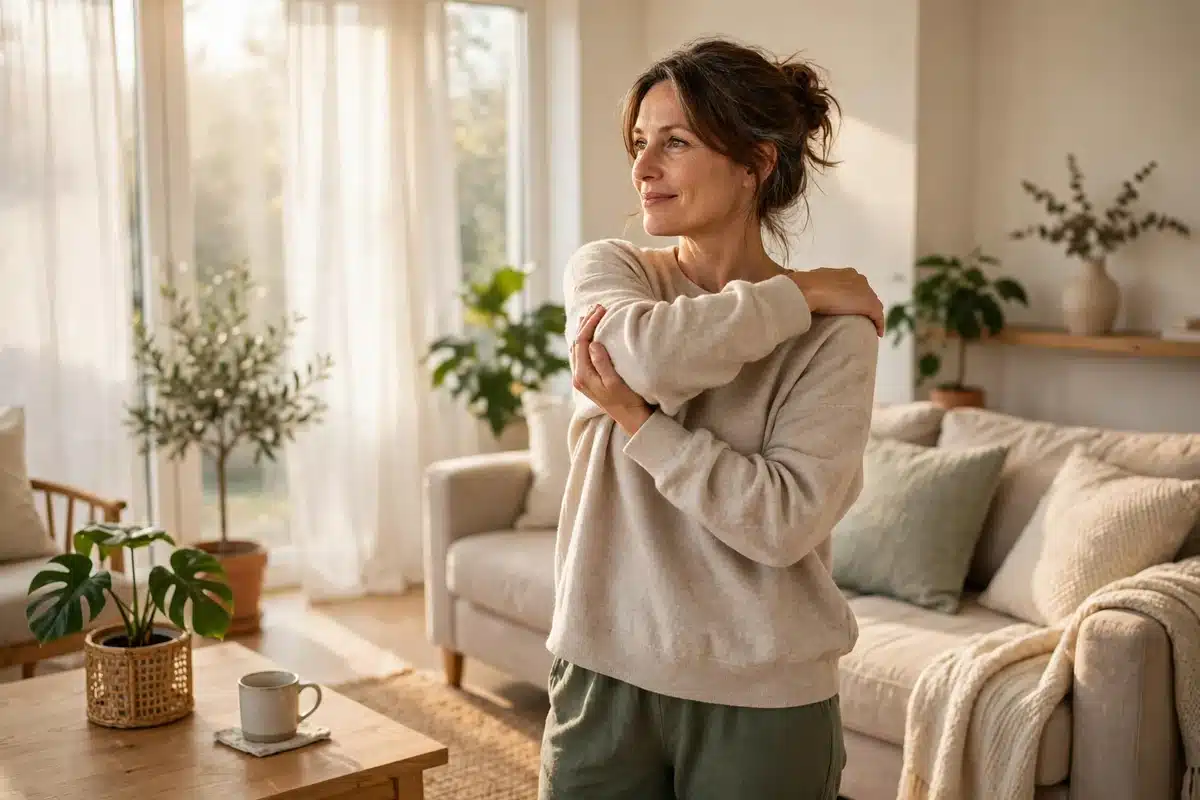 Photo of a woman in her 40s doing a gentle arm stretch at home in a bright living room, smiling in warm morning light