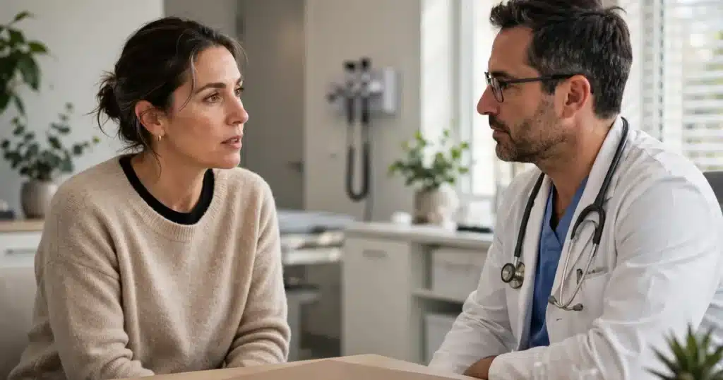 Photo of a woman in her 40s talking with her surgeon in a bright clinic office, a plain folder on the desk between them