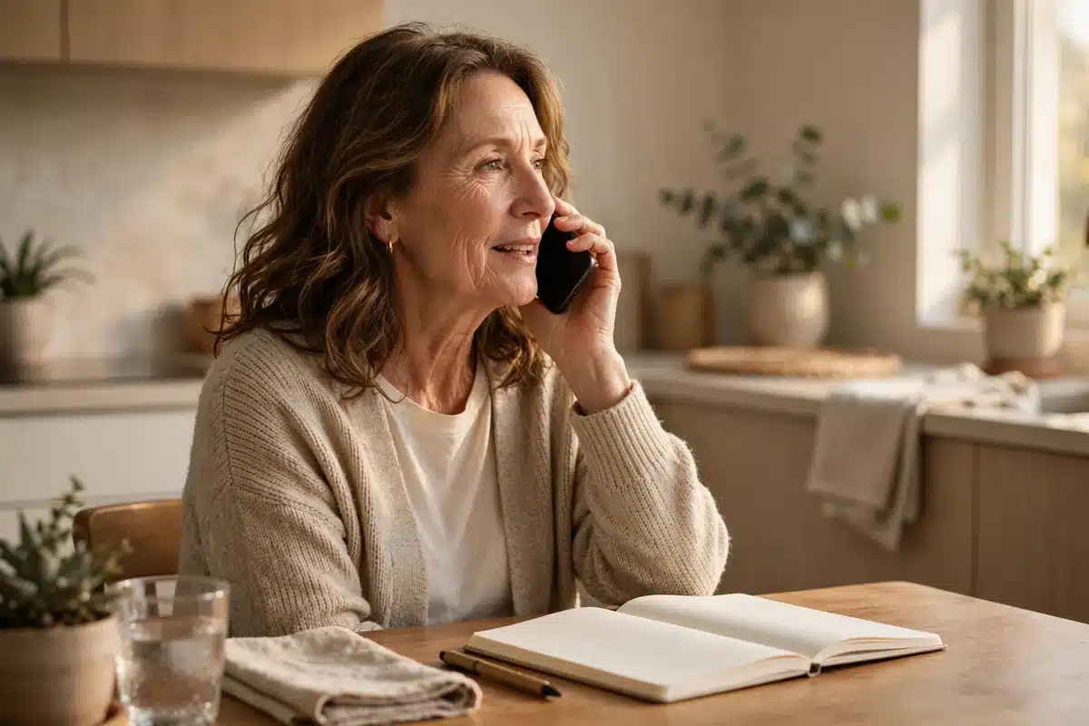 Photo of a woman talking on the phone at home with a plain notebook and pen on the table in front of her