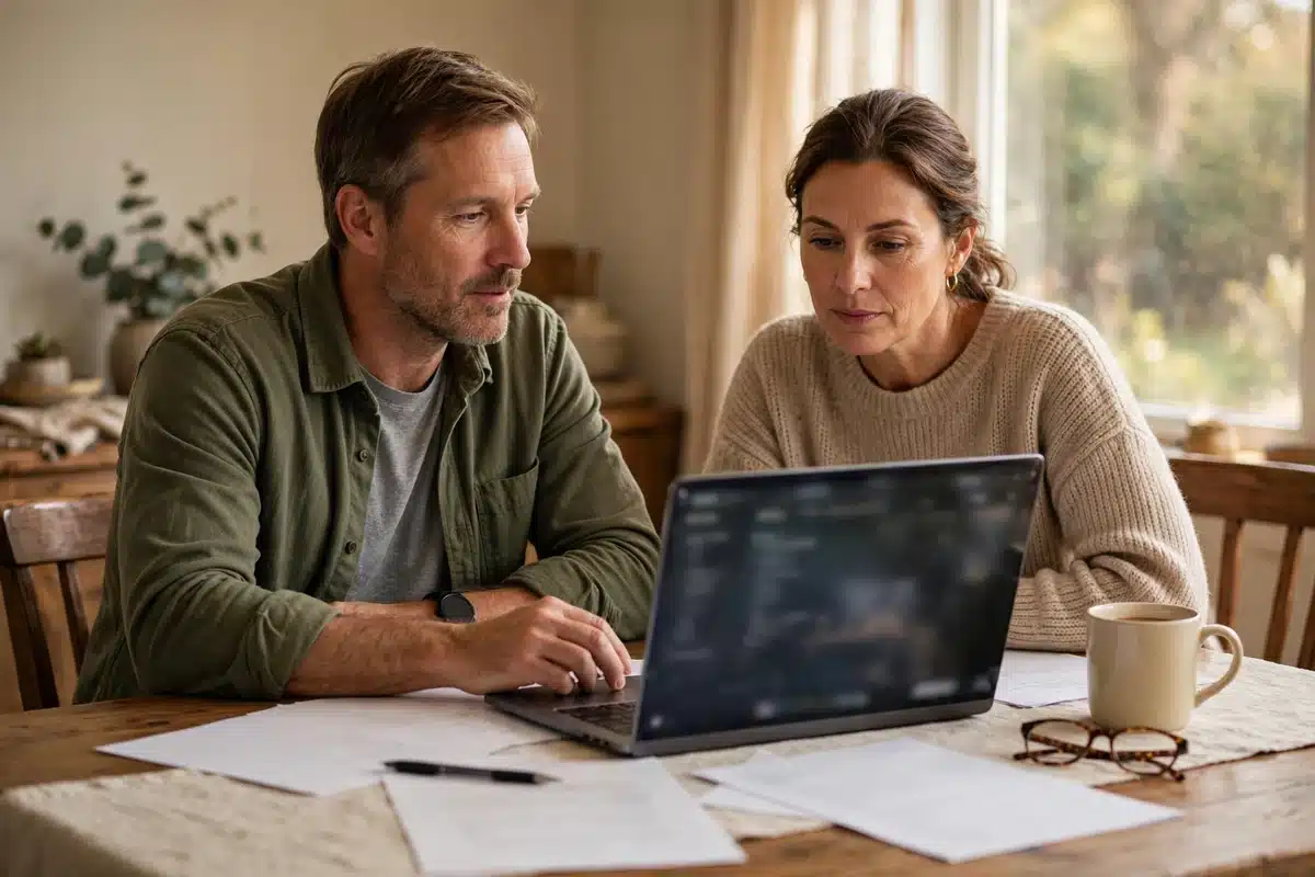 Photo of a couple sitting together at a dining table at home looking at a laptop, plain paperwork spread between them