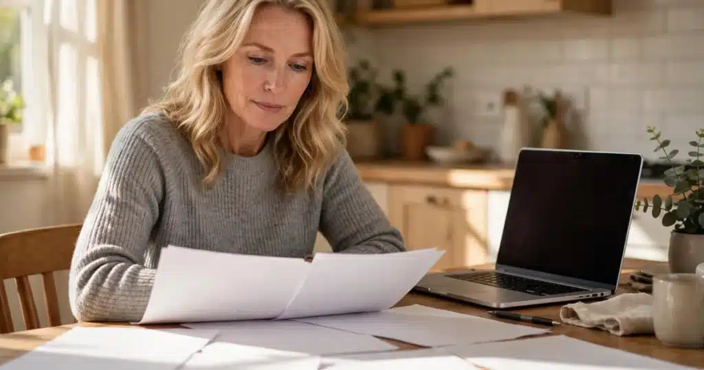 Photo of a woman in her 40s sitting at her kitchen table at home with a laptop and plain paperwork, calmly comparing her options