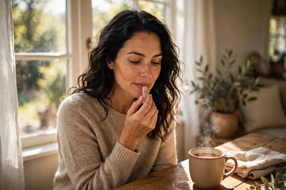Photo of a woman applying lip balm while sitting by a sunny window at home
