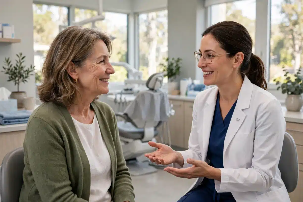 Photo of a woman talking with a dental professional in a bright dental office