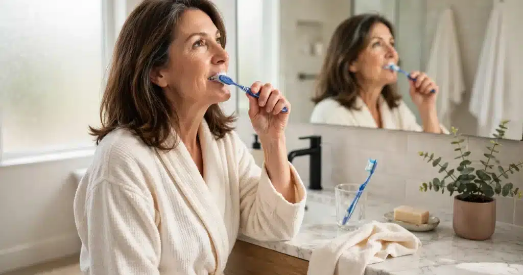 Photo of a woman gently brushing her teeth at her bathroom mirror in soft morning light