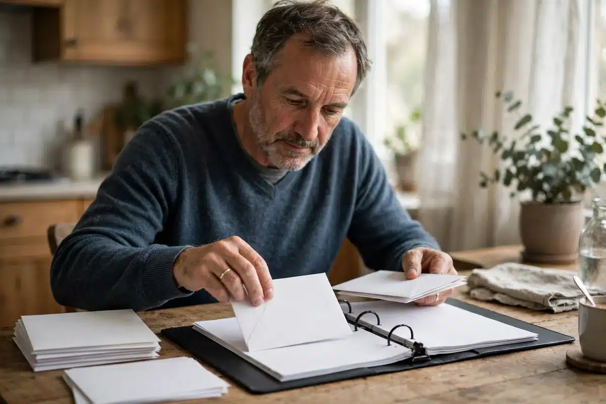 Photo of a husband sitting at a kitchen table at home sorting a stack of plain envelopes and letters into a simple ring binder in soft daylight