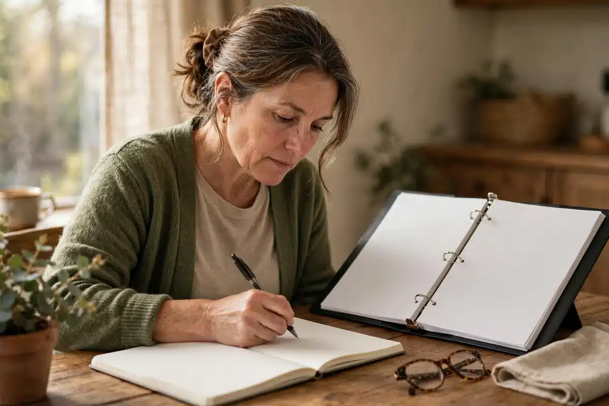 Photo of a caregiver writing a dated line in a plain notebook log at home, a ring binder of paperwork open beside her in warm natural light