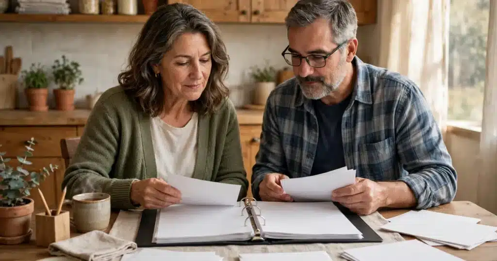 Photo of a woman and her husband sitting together at their kitchen table at home with an open ring binder of paperwork, sorting bills and letters calmly