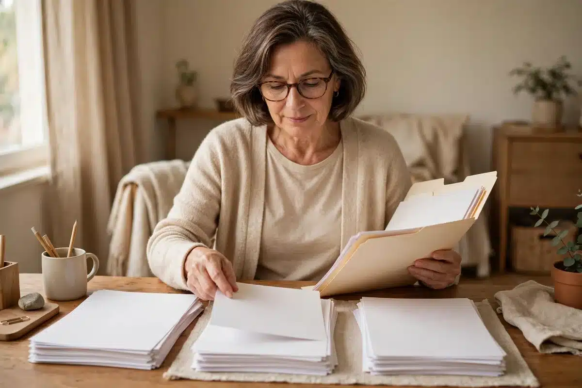 Photo of a woman sitting at a tidy desk at home in soft daylight, sorting a plain folder of medical letters into organised piles