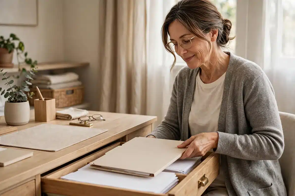 Photo of a woman placing a plain folder of her medical records into a desk drawer at home, everything in order