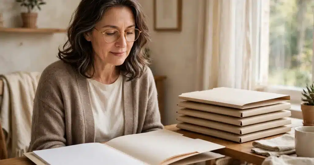 Photo of a woman sitting at a tidy desk at home with her medical records folder open in front of her, everything organised in soft daylight