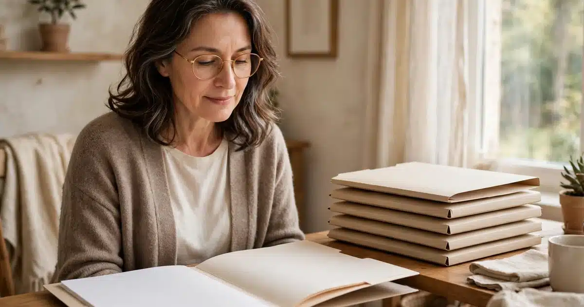 Photo of a woman sitting at a tidy desk at home with her medical records folder open in front of her, everything organised in soft daylight