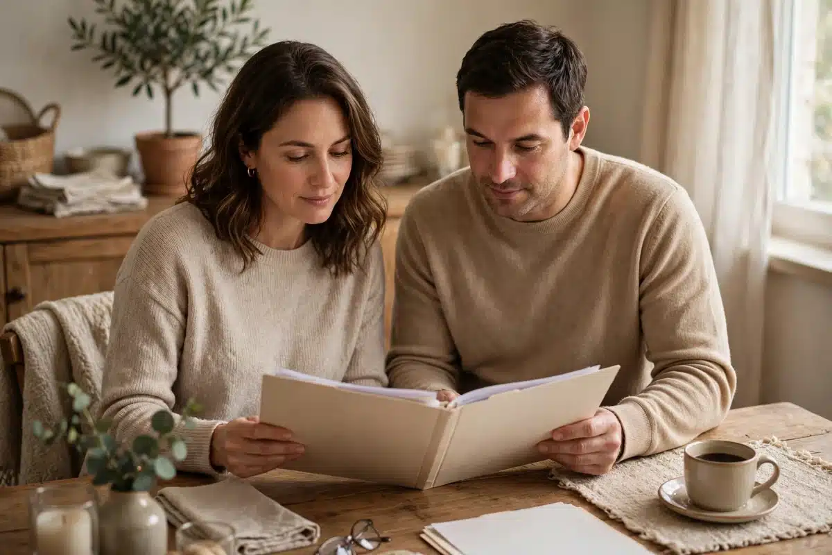 A woman reviewing a folder of medical documents together with a family member at home