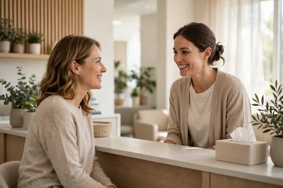 A patient chatting with clinic staff at a bright reception desk, warm smile