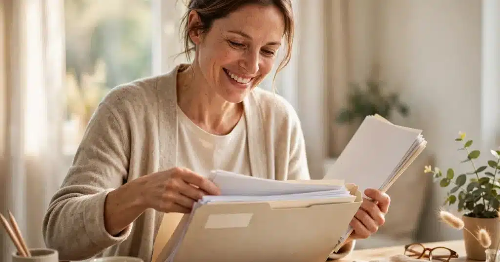Woman organizing a neat stack of medical papers into a folder at a bright desk